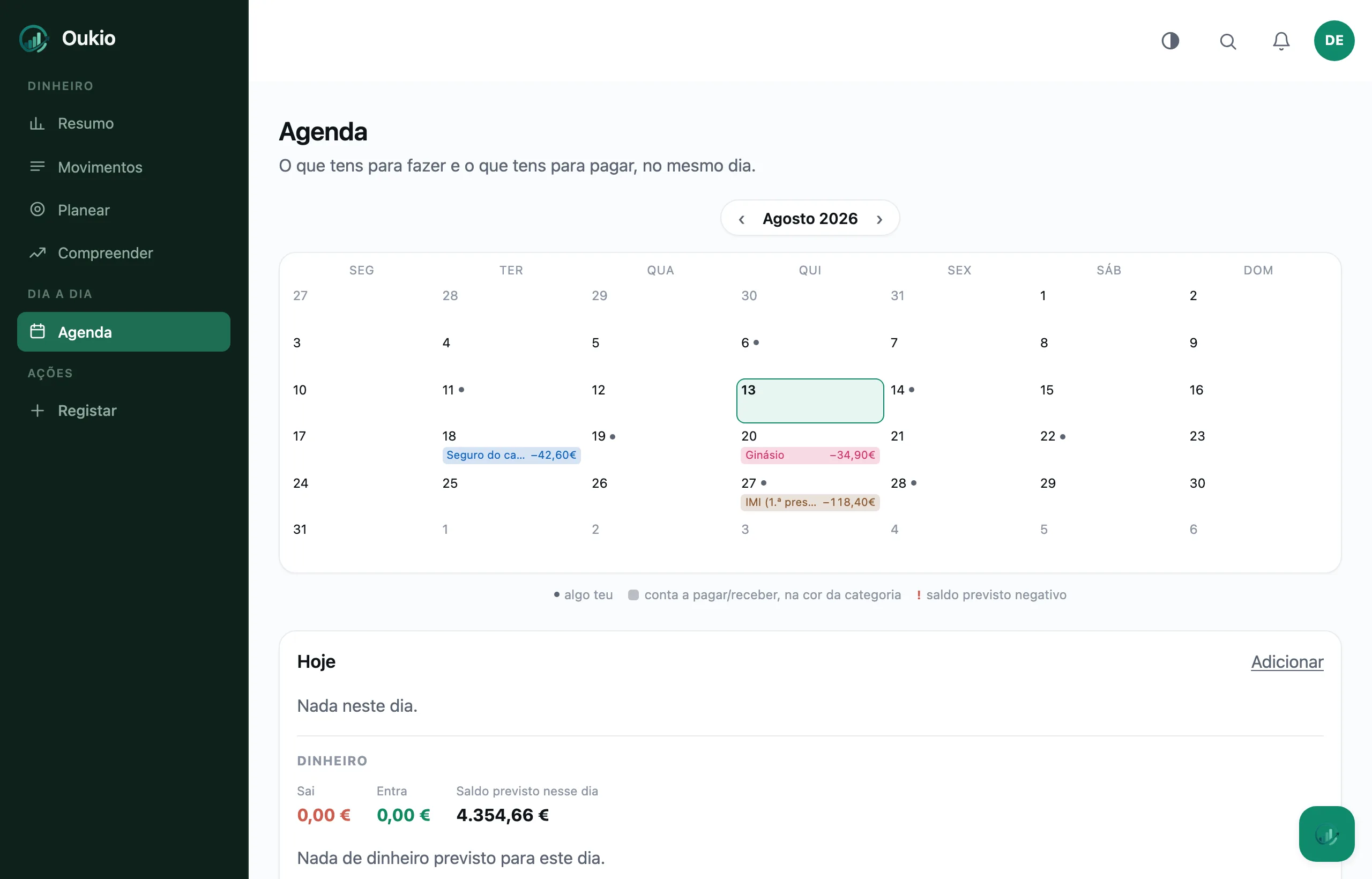 A agenda do mês, com os dias marcados e as contas previstas em blocos da cor da categoria.