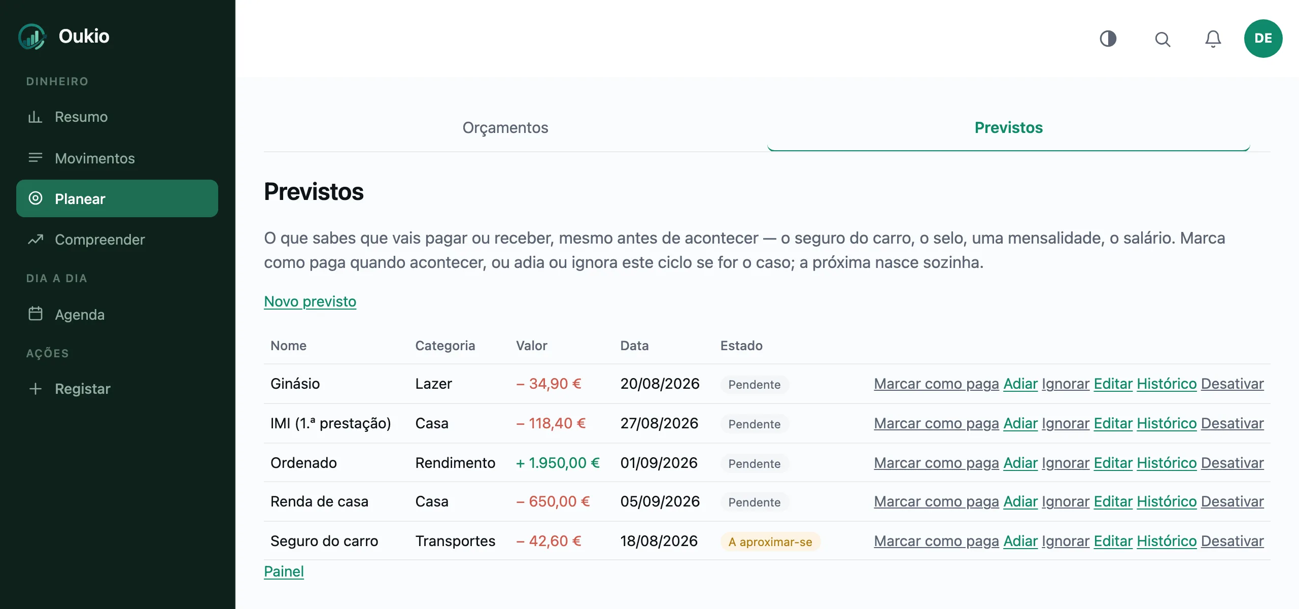 A lista de contas previstas: nome, categoria, valor e data de cada uma, com o estado pendente ou a aproximar-se.